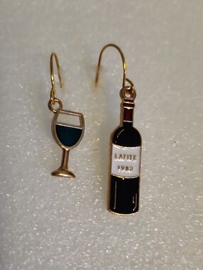Wine Bottle & Wine Glass Mismatched Dangle Earrings - Gold & Black